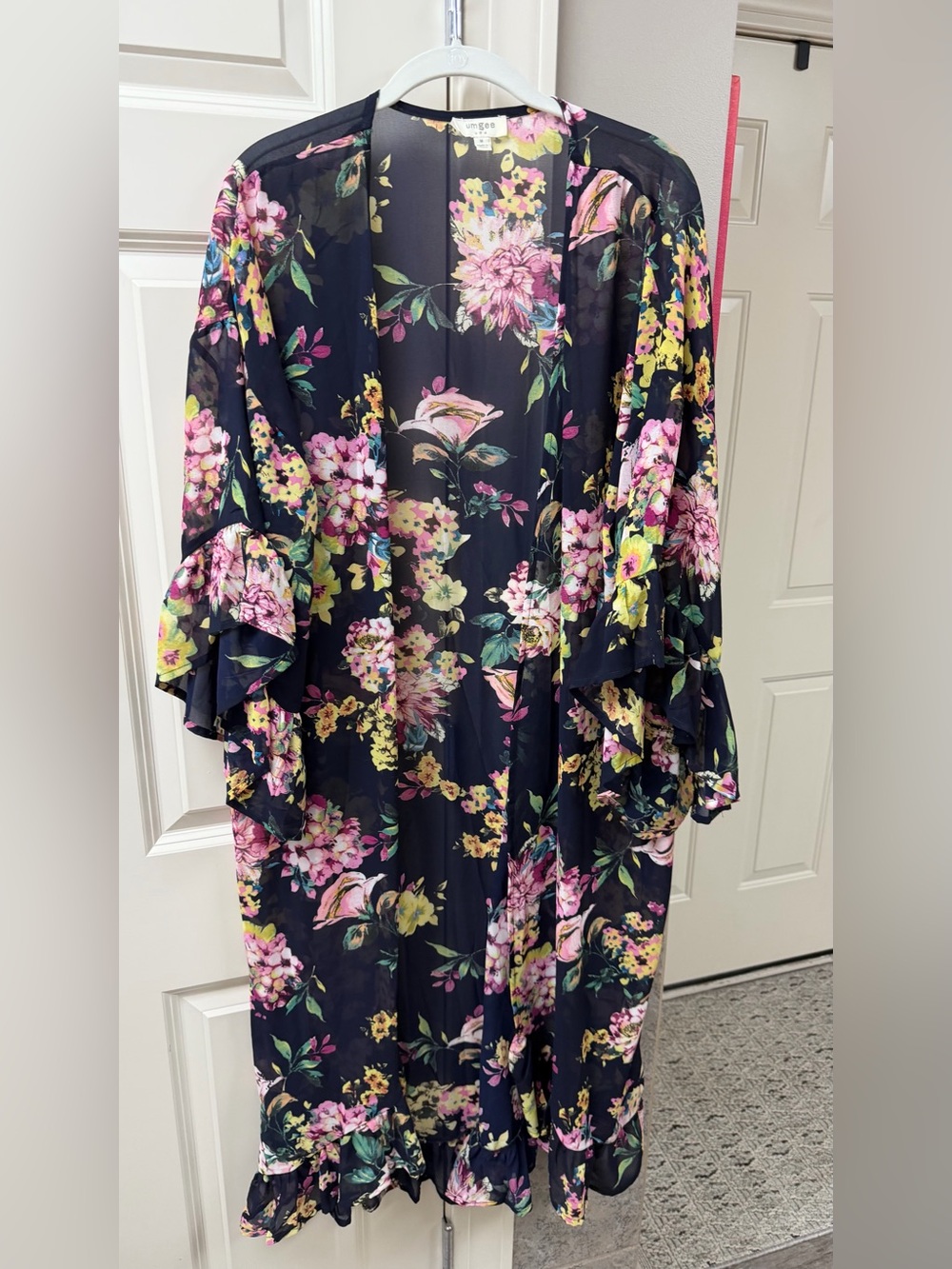 Umgee Black Floral Kimono with Pink & Yellow Blooms